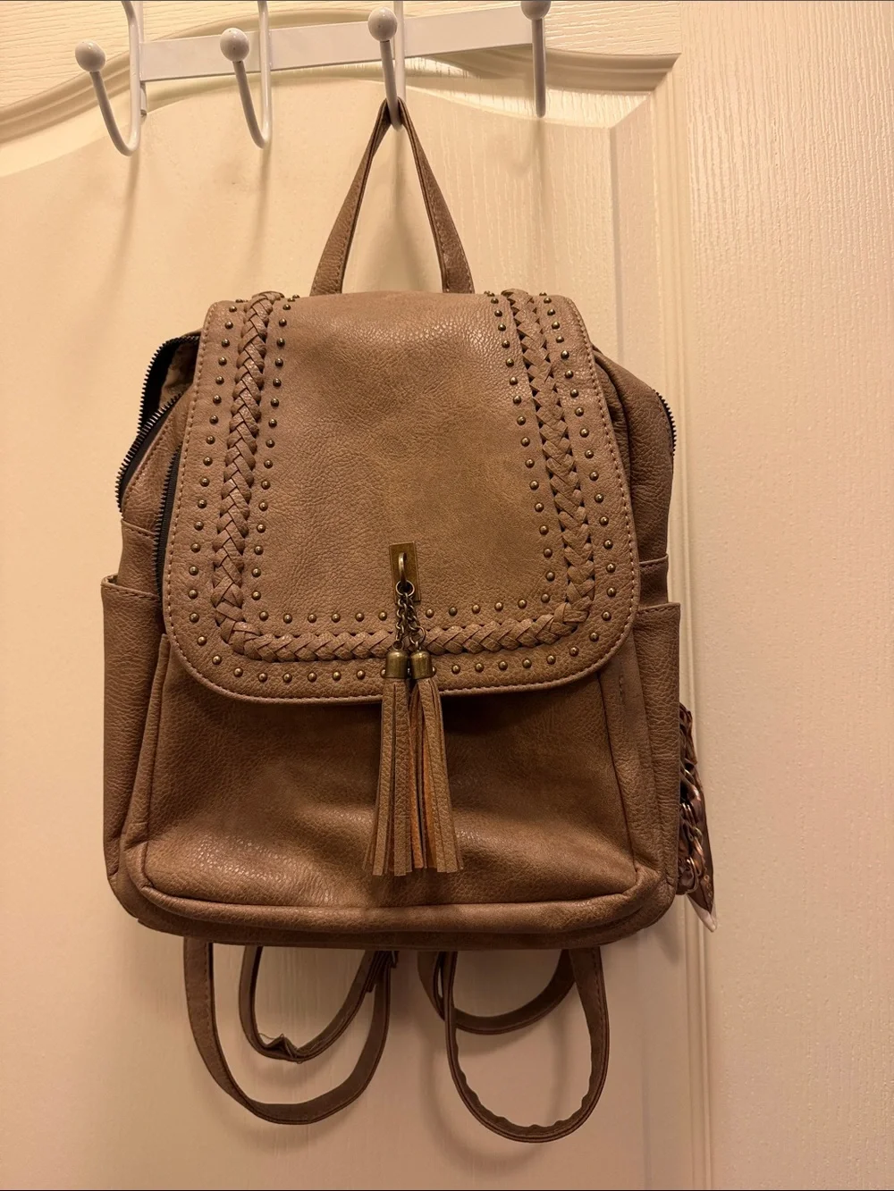 Taupe Faux Leather Studded Backpack with Tassel